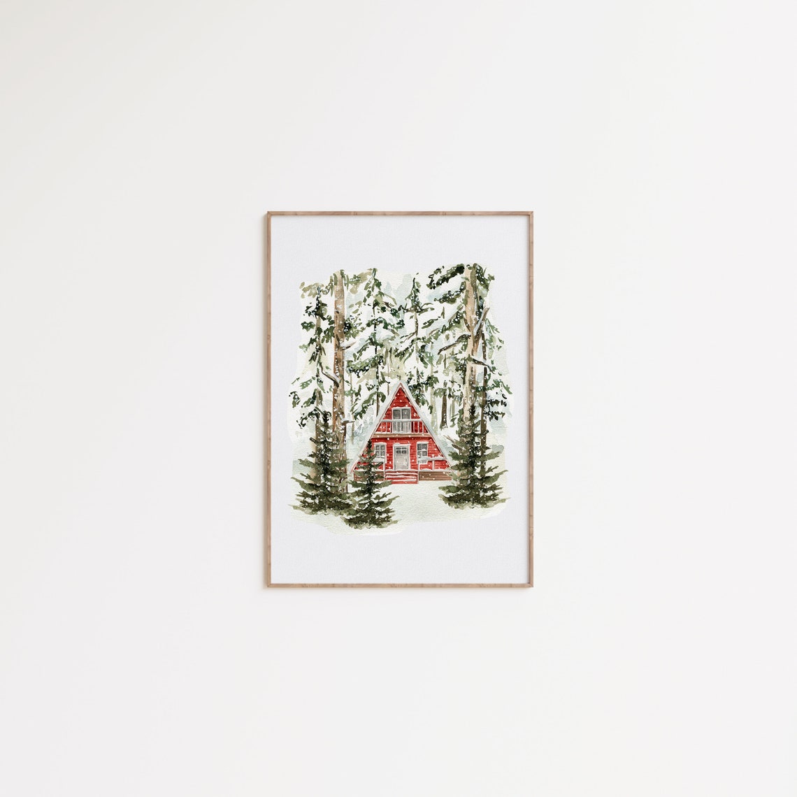 Red Cabin A Frame Snowy Pine Forest Watercolor Winter Woods Print - Image 4