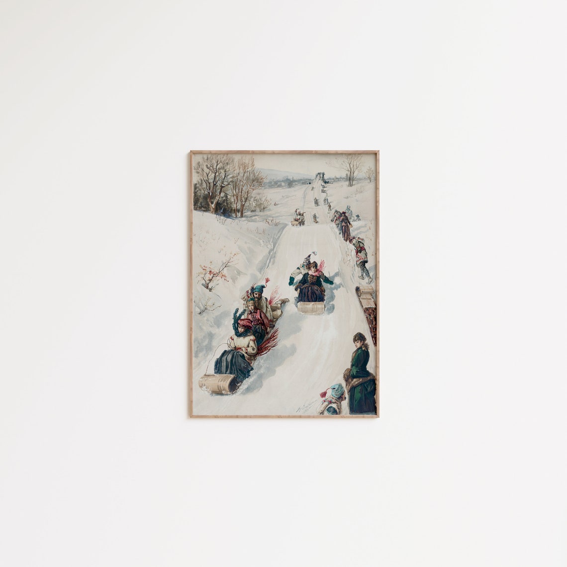 Vintage Tobogganing Scene Children Sledding Snowy Hill Winter Print - Image 2