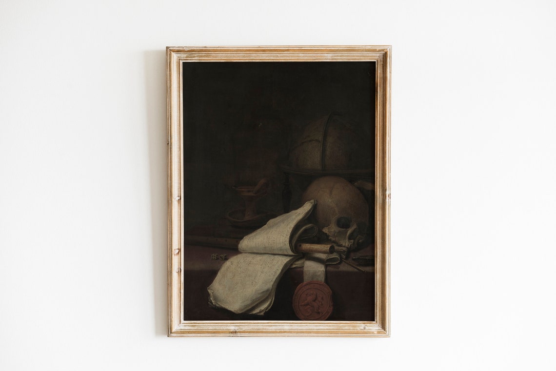 Skull With Open Book Dark Still Life Painting Moody Academia Print - Image 3
