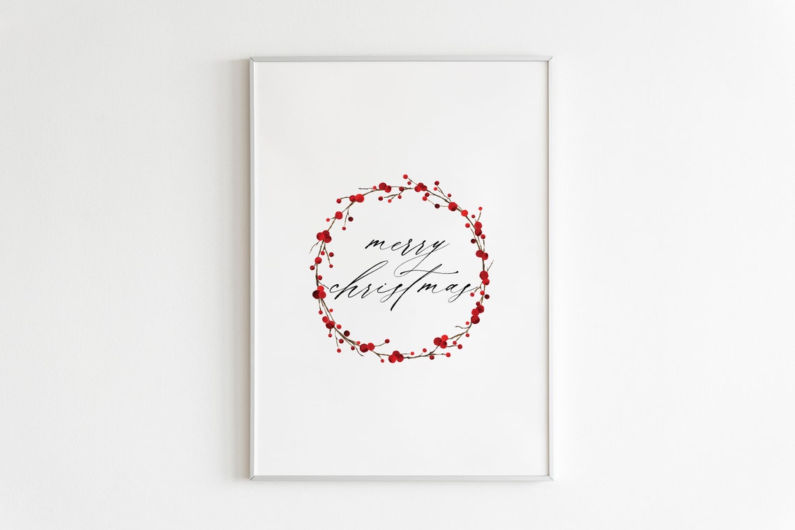 Merry Christmas Script Red Berry Wreath Elegant Holiday Art Poster - Image 2