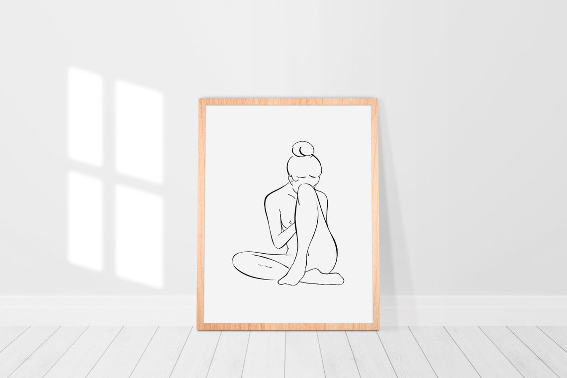 Seated Nude Woman Fine Line Drawing Minimalist Female Figure Wall Art - Image 2