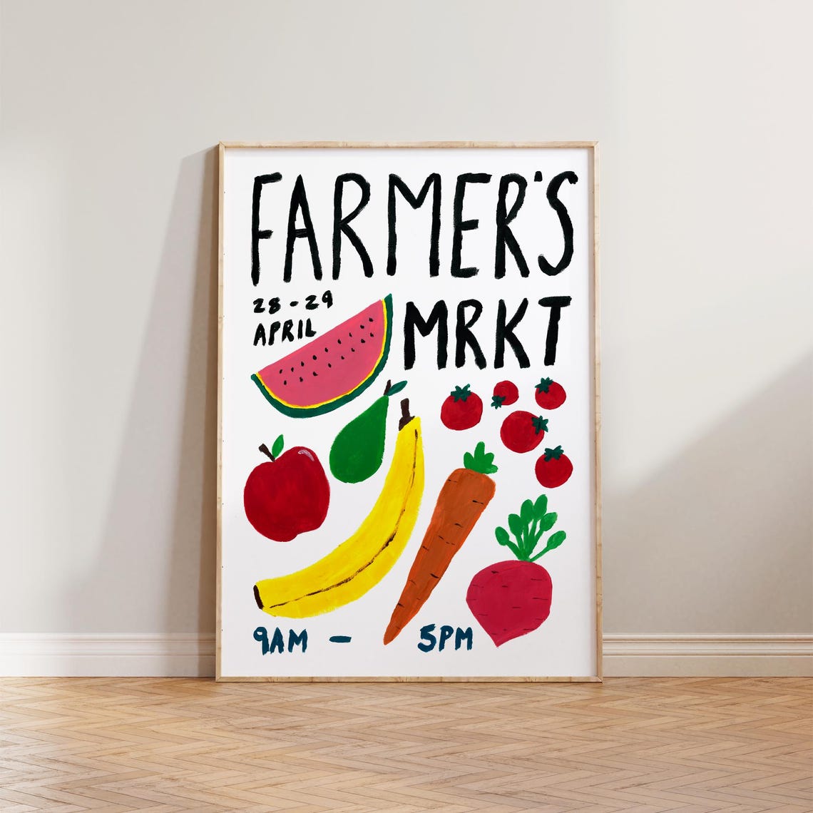 Farmers Market April Hand Painted Fruits Vegetables Kitchen Art Poster