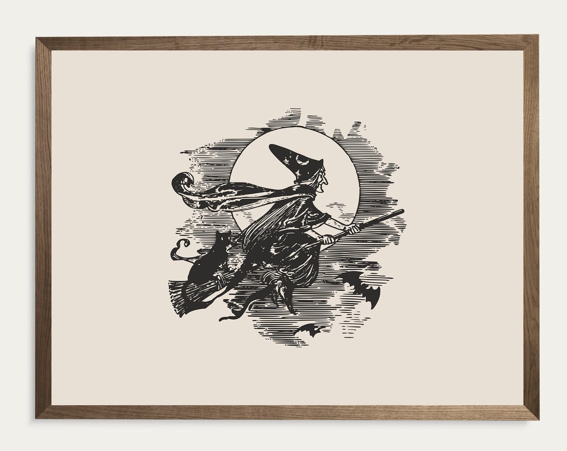 Witch on Broomstick With Black Cat Vintage Halloween Engraving Wall Art