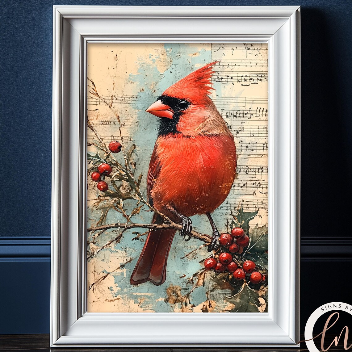 Cardinal Vintage Sheet Music Christmas Wall Art Christmas Oil Painting Print Light Academia Cottagecore Music Teacher Gift Hymns 6 Xms023
