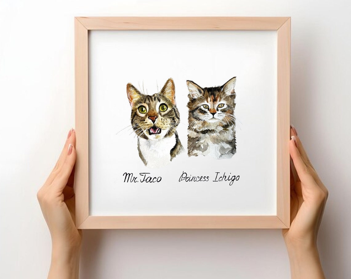 Two Pet Portrait, Watercolor Cat Portrait Art Print