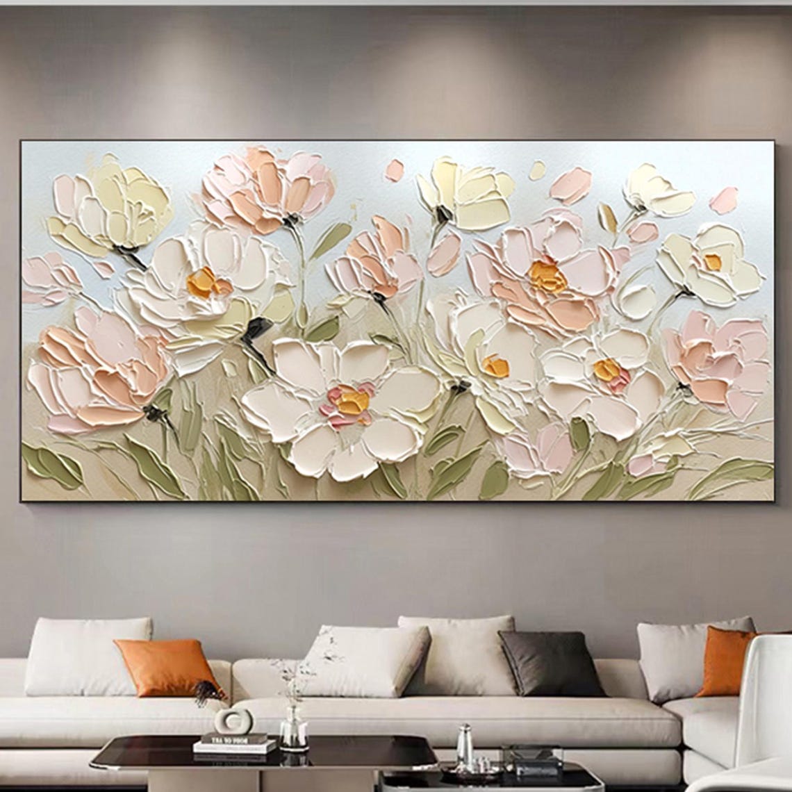 White Pink Bloom Sage Neutral 3D Textured Floral Painting Poster