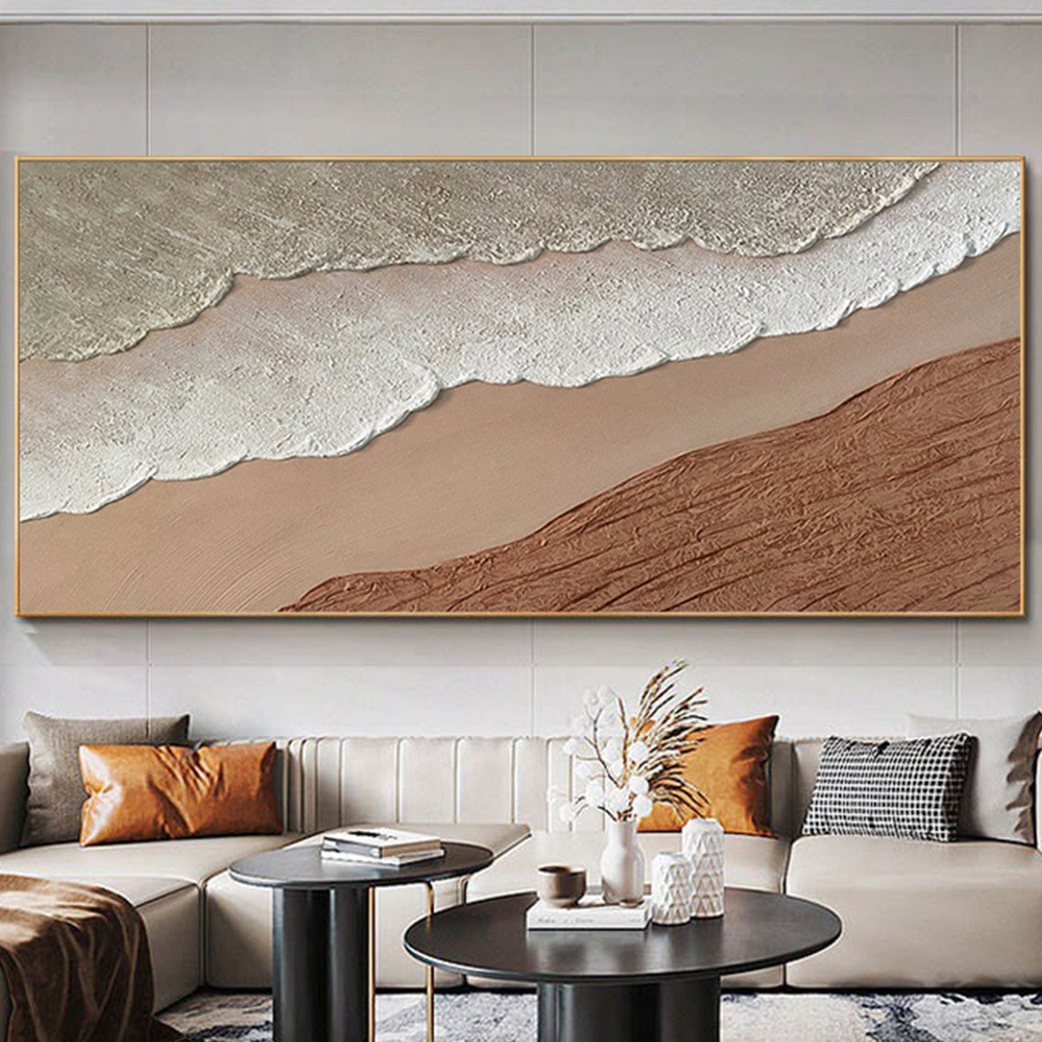 Beige Grey Sea Waves Sandy Shore Textured Panoramic Beach Wall Art