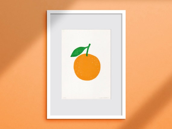 Linocut Print Bright Orange 17x24 Cm Two Coloured Handmade Fruit Linoprint Happy Colourful Handprinted Poster