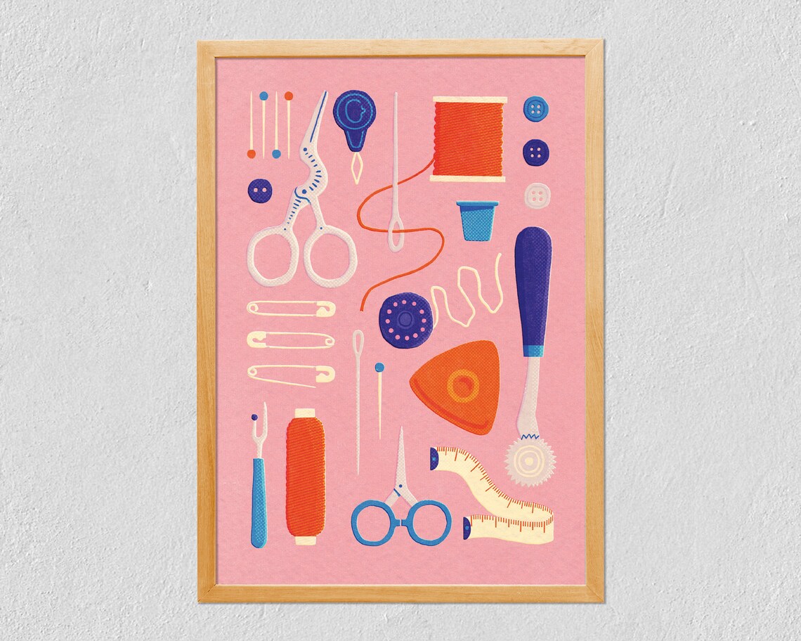 Sewing Items Art Print, Colorful Illustrated Tools