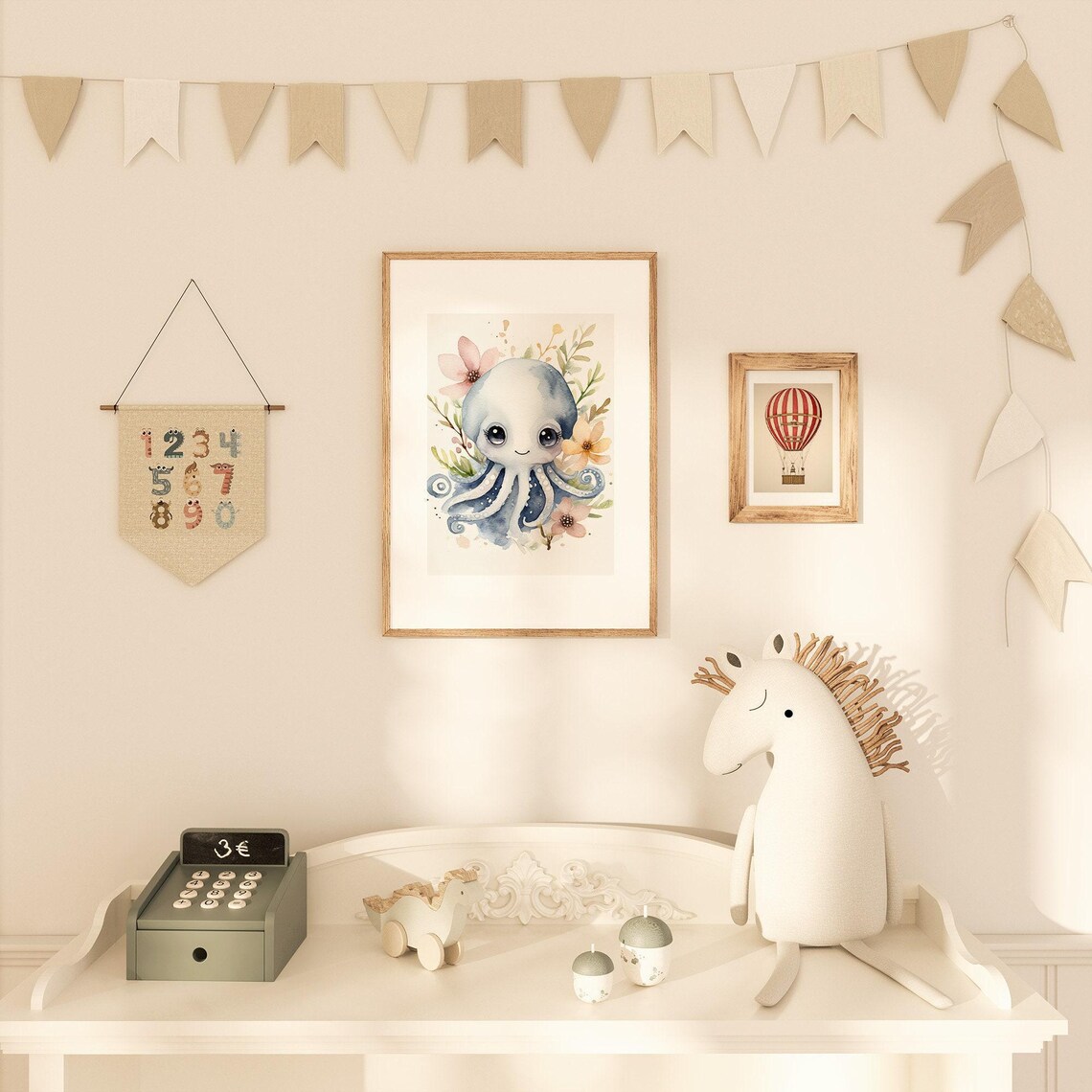 Baby Octopus Watercolor Nursery Portrait With Pink Flowers Poster - Image 2