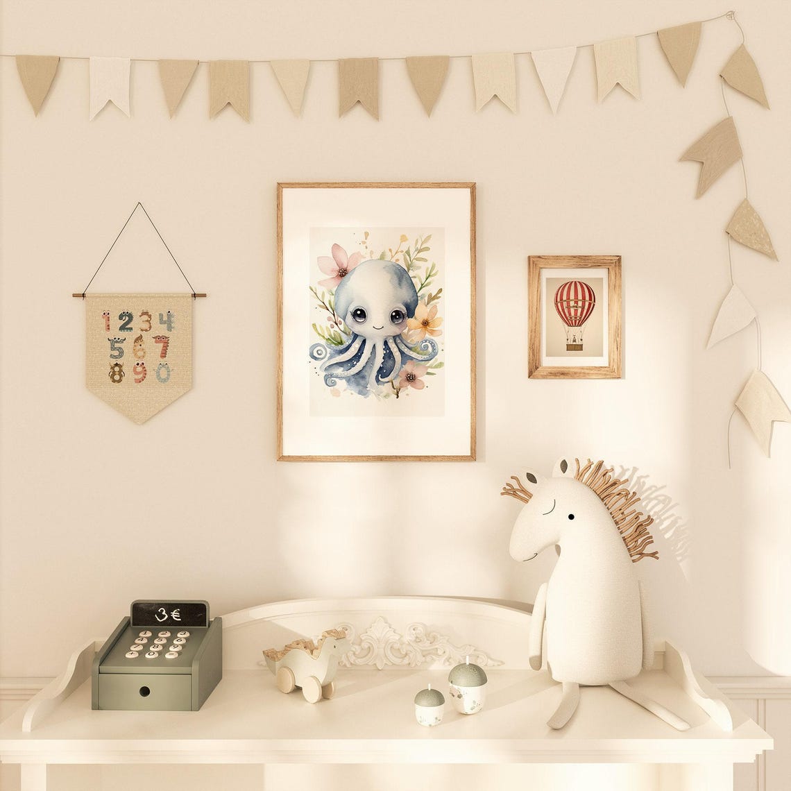 Nursery Wall Art Print Watercolor Animal Portrait Illustration Kids Room Poster Baby Shower Gift Cute Octopus Painting With Flowers - Image 2