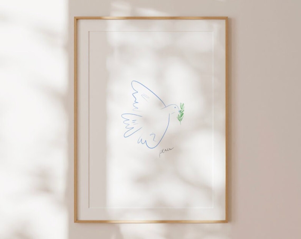 Blue Line Art Peace Dove Olive Branch Minimalist Nursery Poster