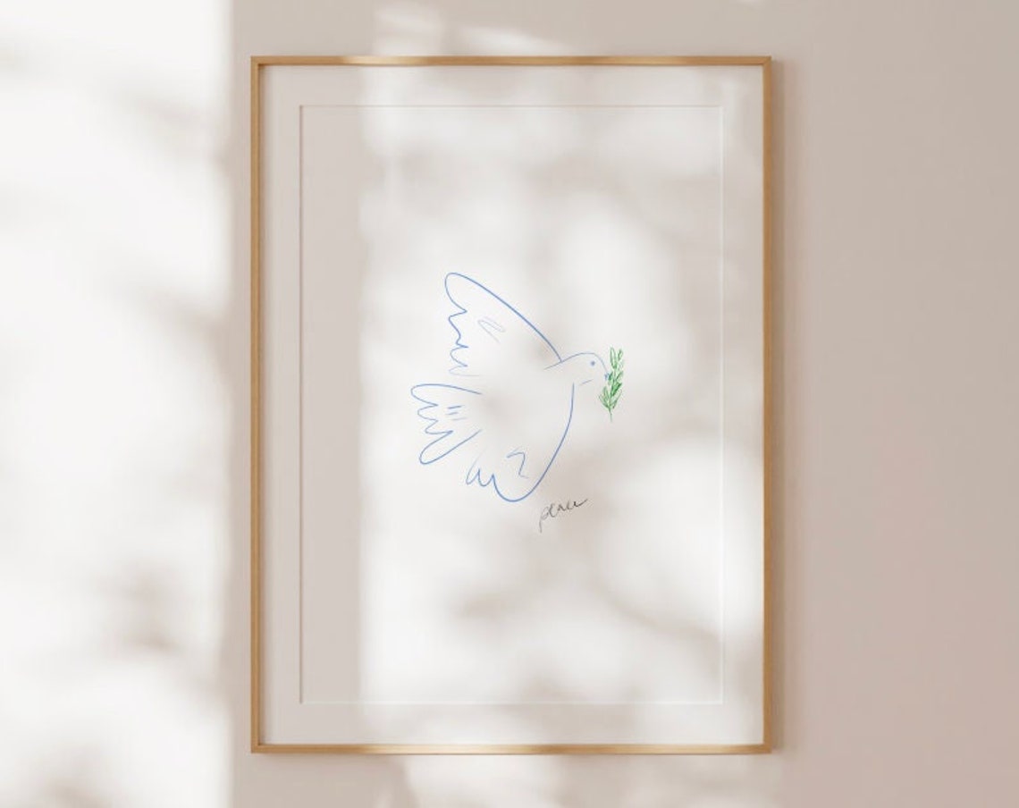 Peace Dove Illustration Thin Line Blue Pencil Art Print Instant Minimalist Artwork Dove Trendy Art Kitchen Decor Nursery Art