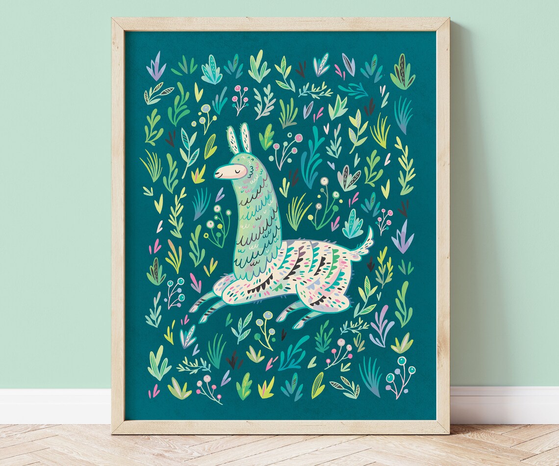 Llama Plants Art Print, Eclectic Boho Home Decor