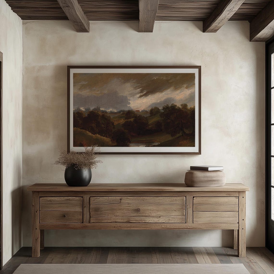 Moody Hillside Stormy Sky Oil Painting Dramatic Landscape Wall Art - Image 2