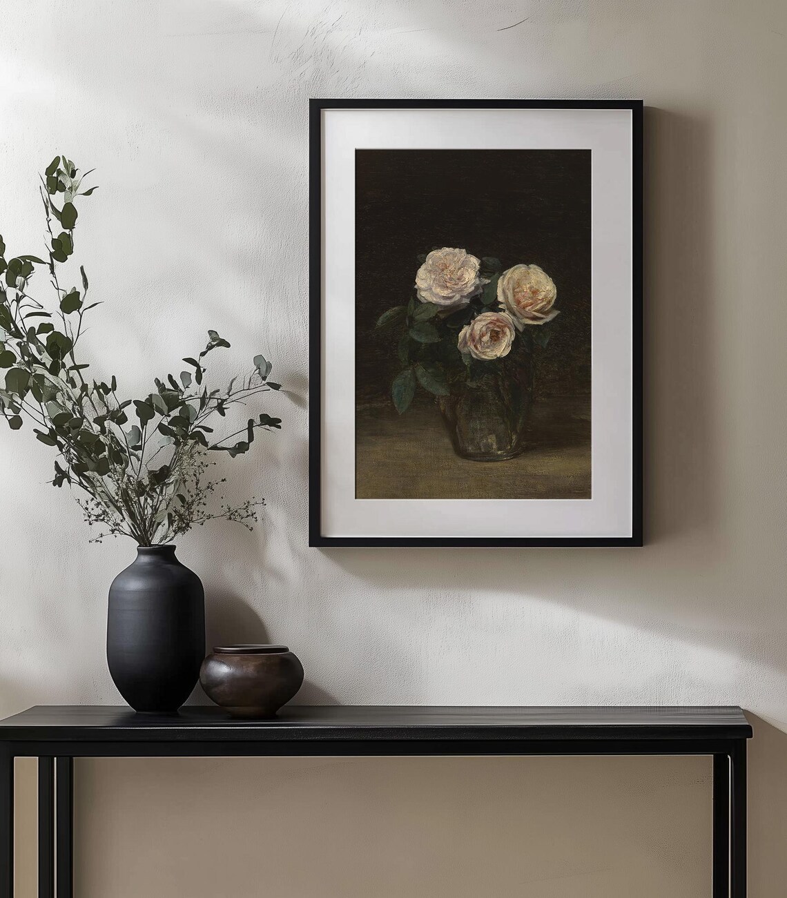 Three White Roses Vase Oil Painting Dark Floral Still Life Wall Art - Image 2