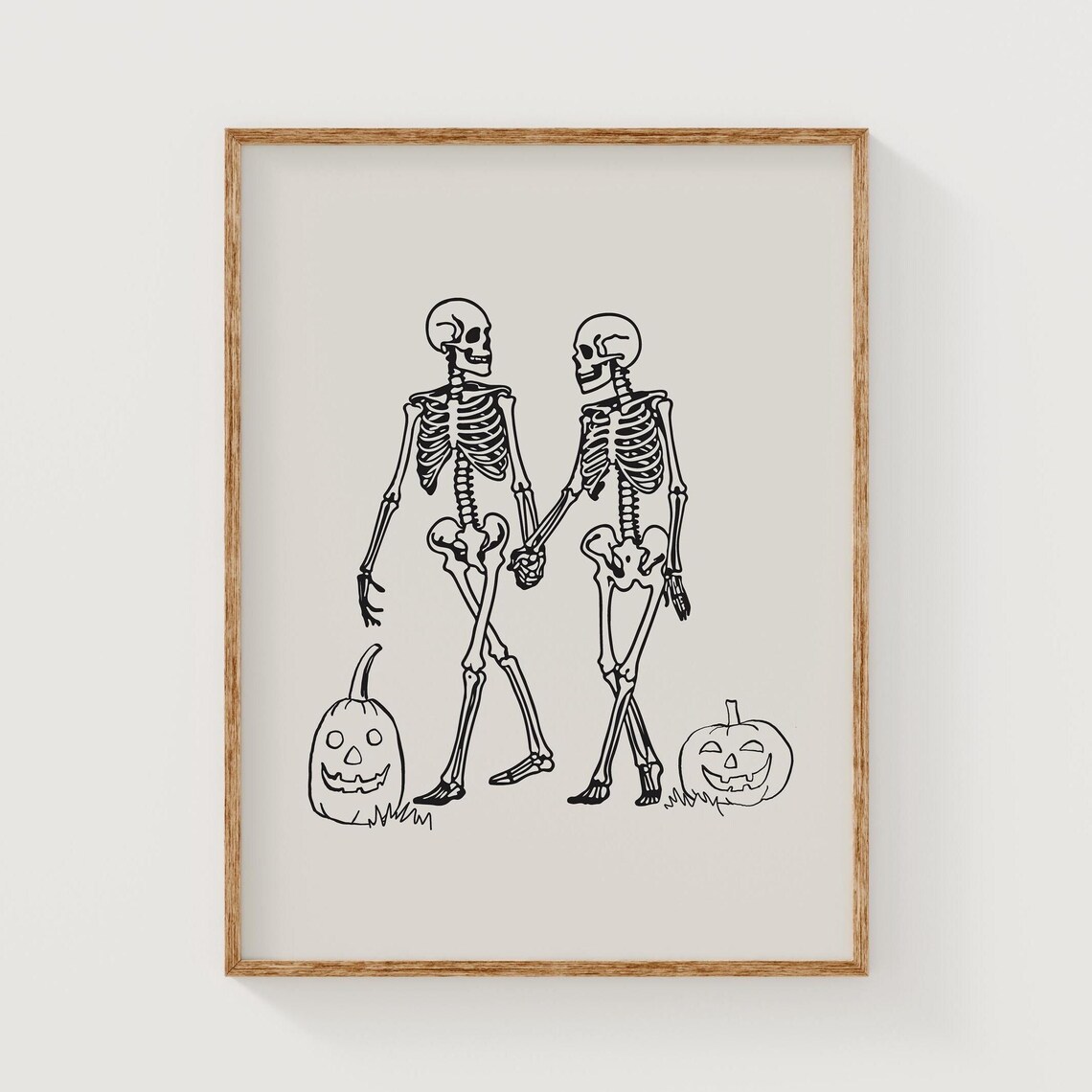 Skeleton Couple Holding Hands Spooky Halloween Line Art Poster