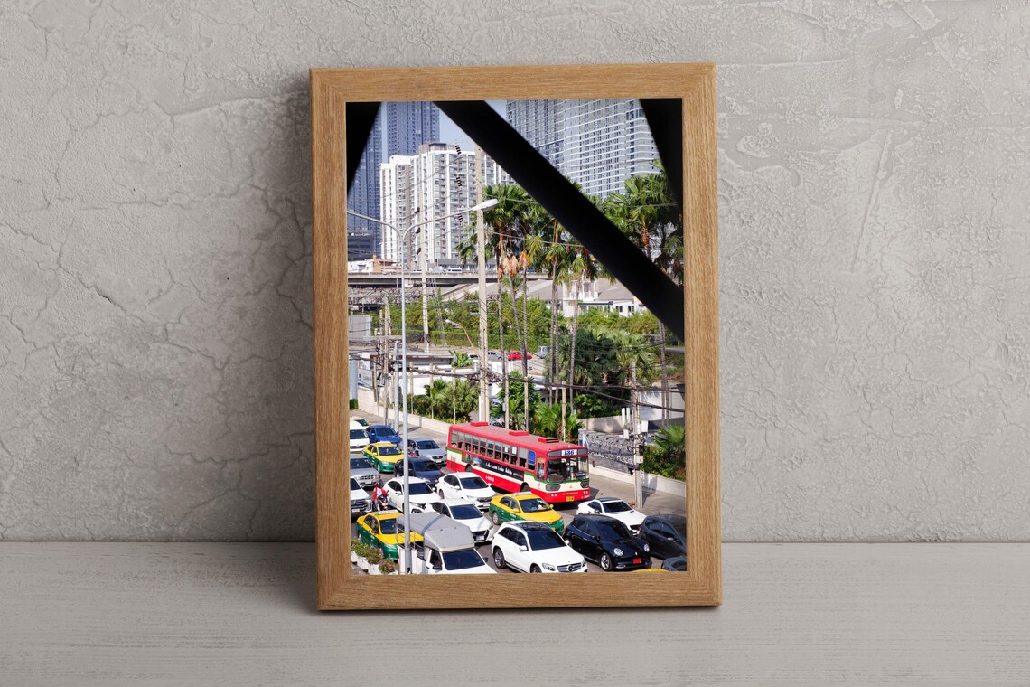 Bangkok Street Traffic with Red Bus Asian City Rush Hour Poster