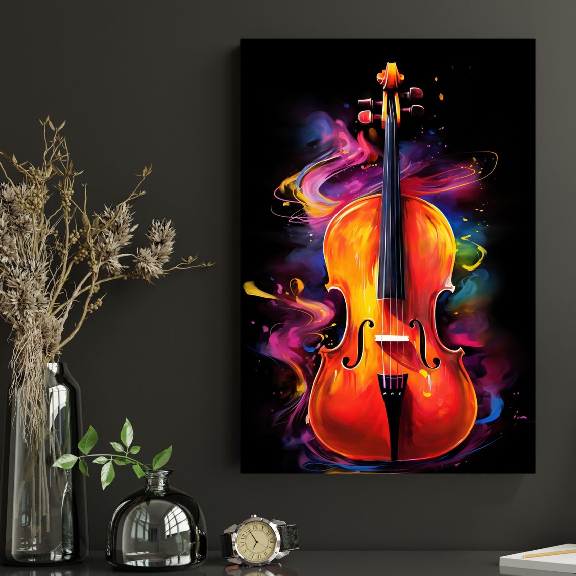 Cello Watercolor Splash Fiery Amber Black Background Music Poster - Image 2