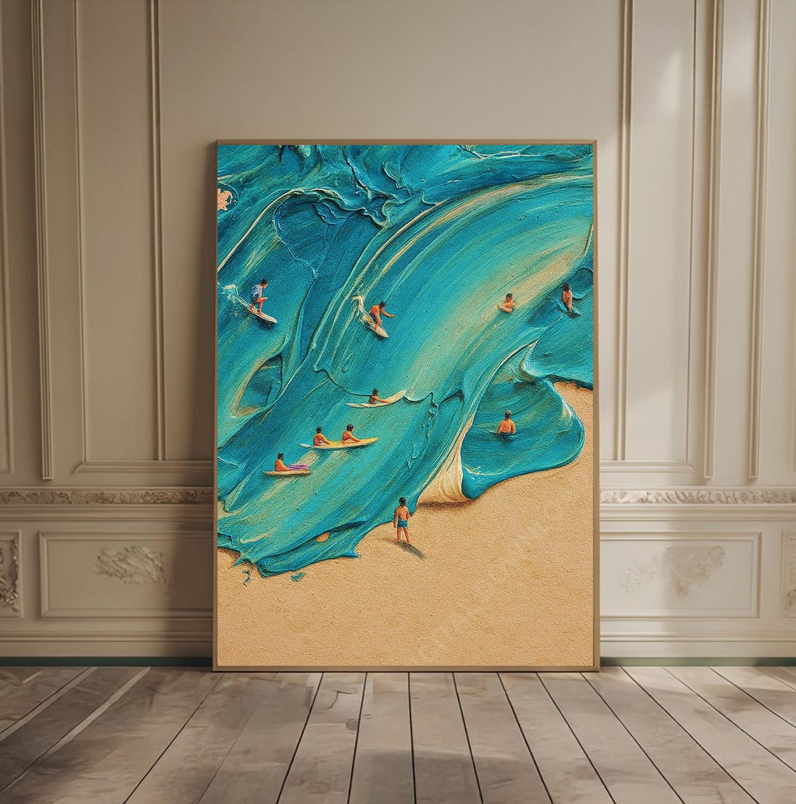 Aerial Turquoise Ocean Wave with Tiny Surfers Beach Scene Art Print