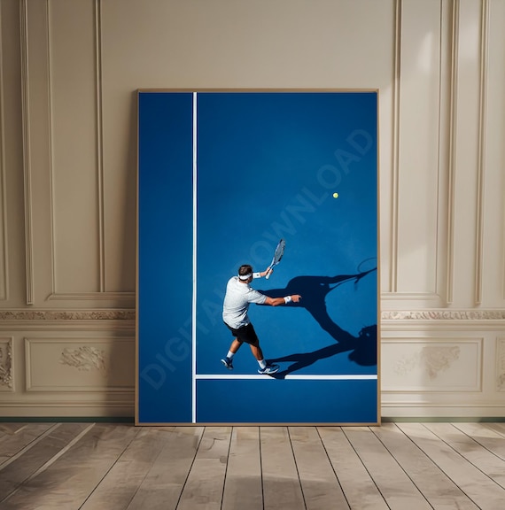 Tennis Player Mid Forehand Overhead Blue Court Sports Poster