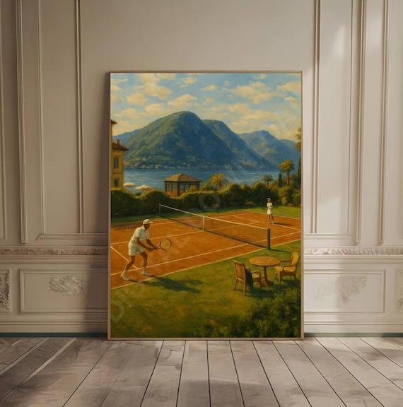 Luxury Lakeside Tennis Court By Lake Como Italy Vintage Poster