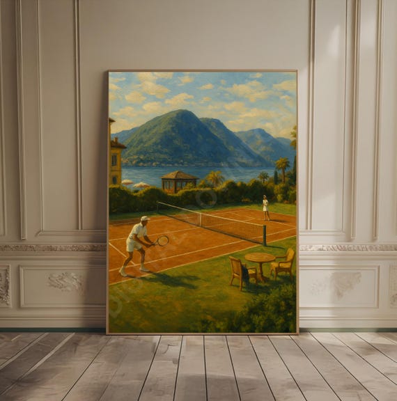Luxury Tennis Print Court Lake Como Italy Travel Art Sport Luxurious Coastal Oil Painting Mountain Wall
