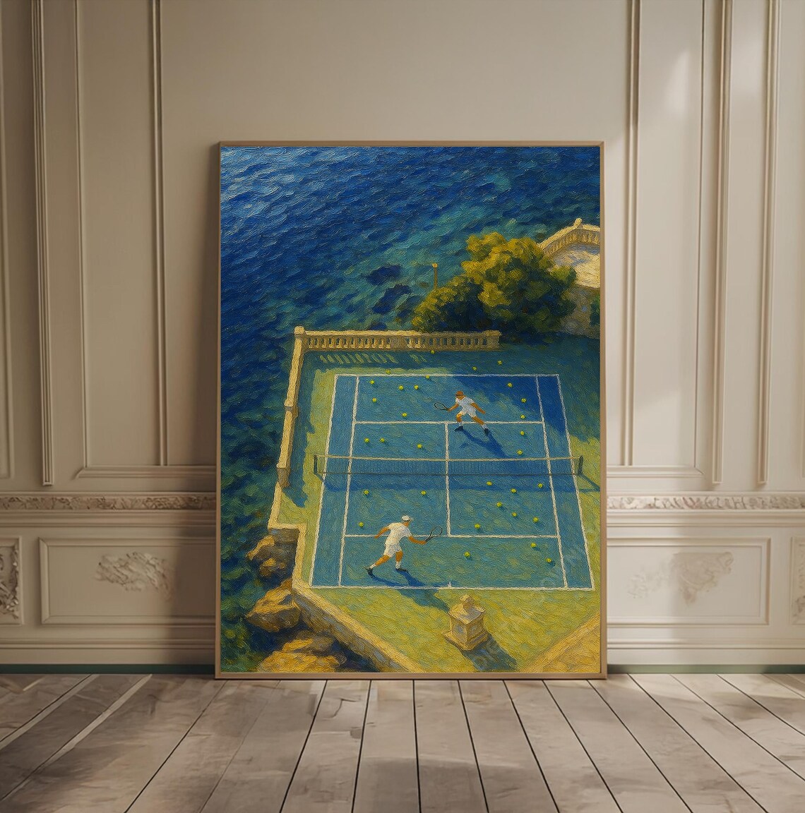 Aerial View Seaside Tennis Court Players Oil Painting Style Poster