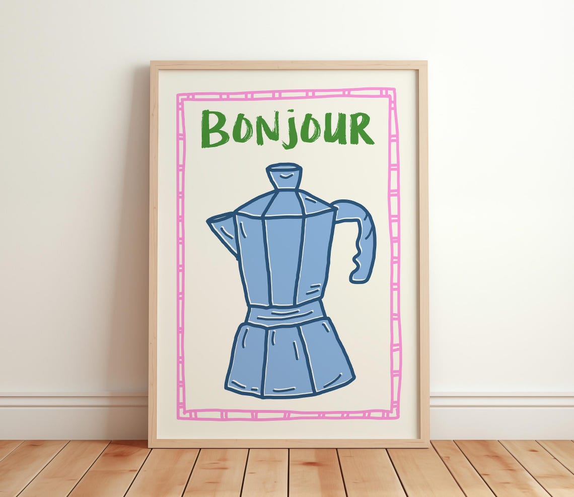 Bonjour Blue Moka Pot With Pink Border French Kitchen Art Poster