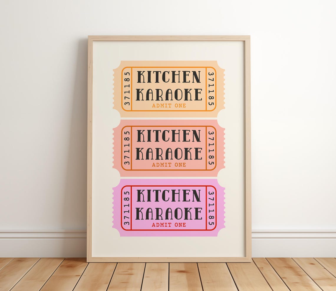 Kitchen Karaoke Retro Admit One Ticket Poster in Pink and Peach