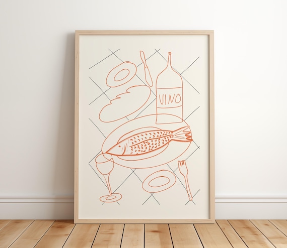 Fish Wine Art Print Scandinavian Style Poster Modern Kitchen Wall Retro Foodie Gift Mediterranean Seafood Unframed
