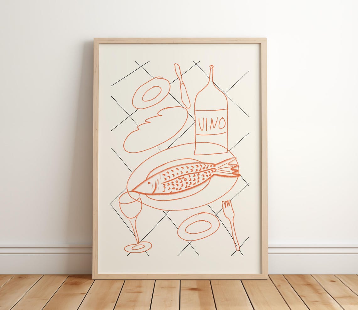 Fish And Wine Vino Line Art Mediterranean Kitchen Wall Poster