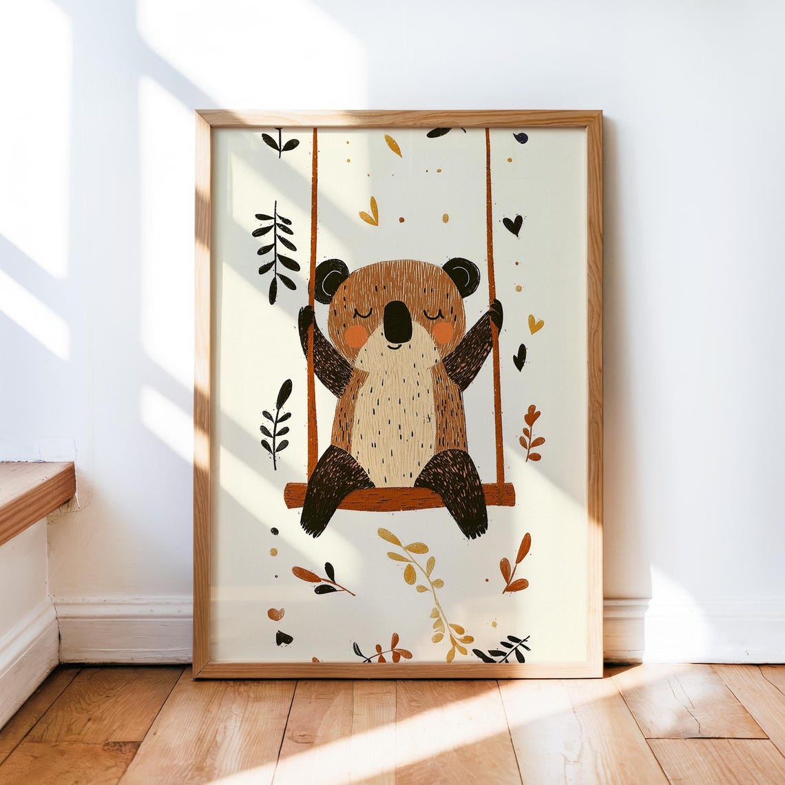 Sleepy Koala On A Swing Botanical Fall Leaves Nursery Art Poster