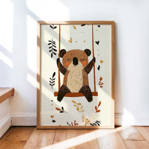 Koala On A Swing Retro Print Nursery Wall Art Cute Playful Child Room Decor Whimsical Animal Poster Adventurous Toddler