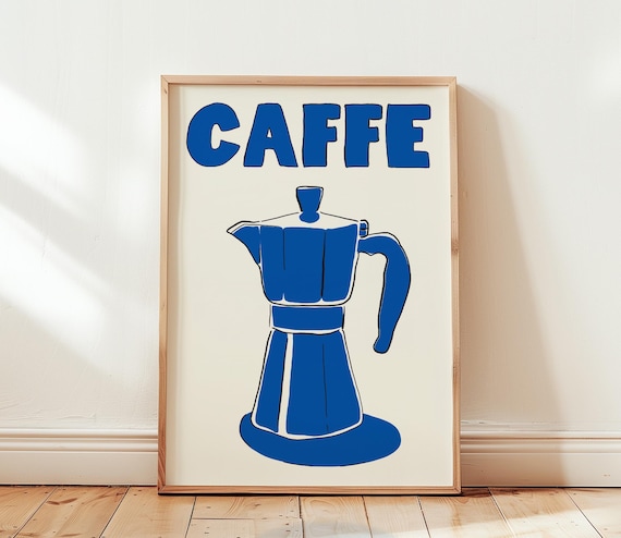 Bold Blue Moka Pot Caffe Retro Italian Coffee Bar Kitchen Poster
