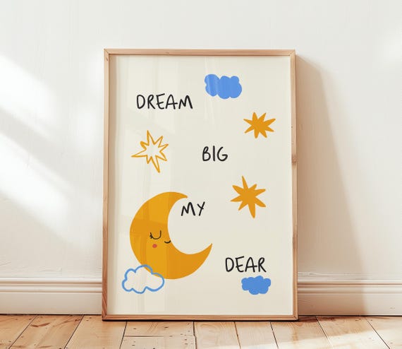 Dream Big Print Nursery Child Room Decor Illustration Wall Art Boho Kids Playroom Bedroom Moon And Stars