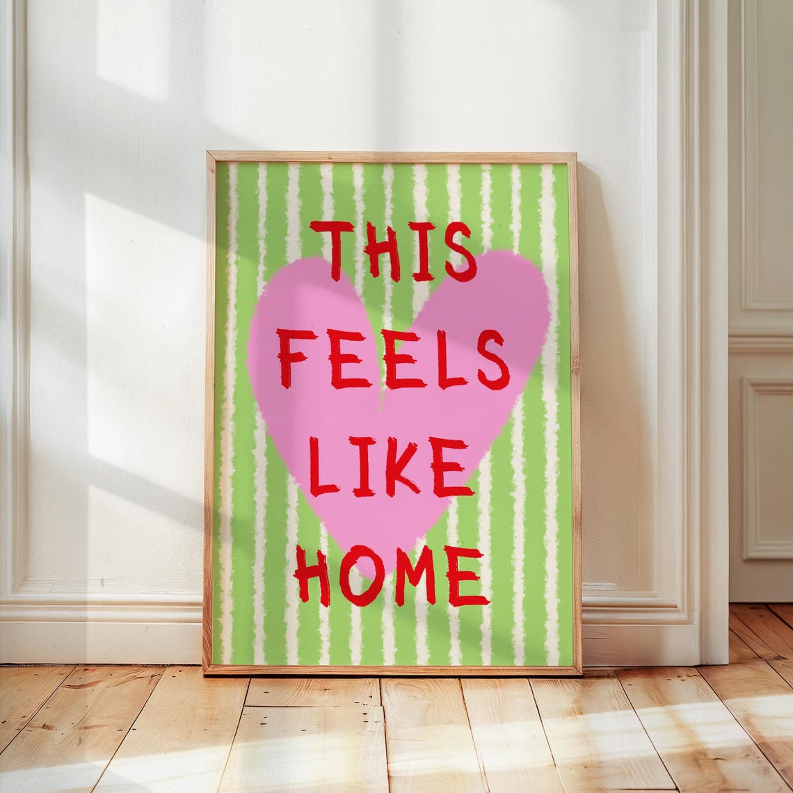 This Feels Like Home Green Stripes Pink Heart Typography Quote Poster
