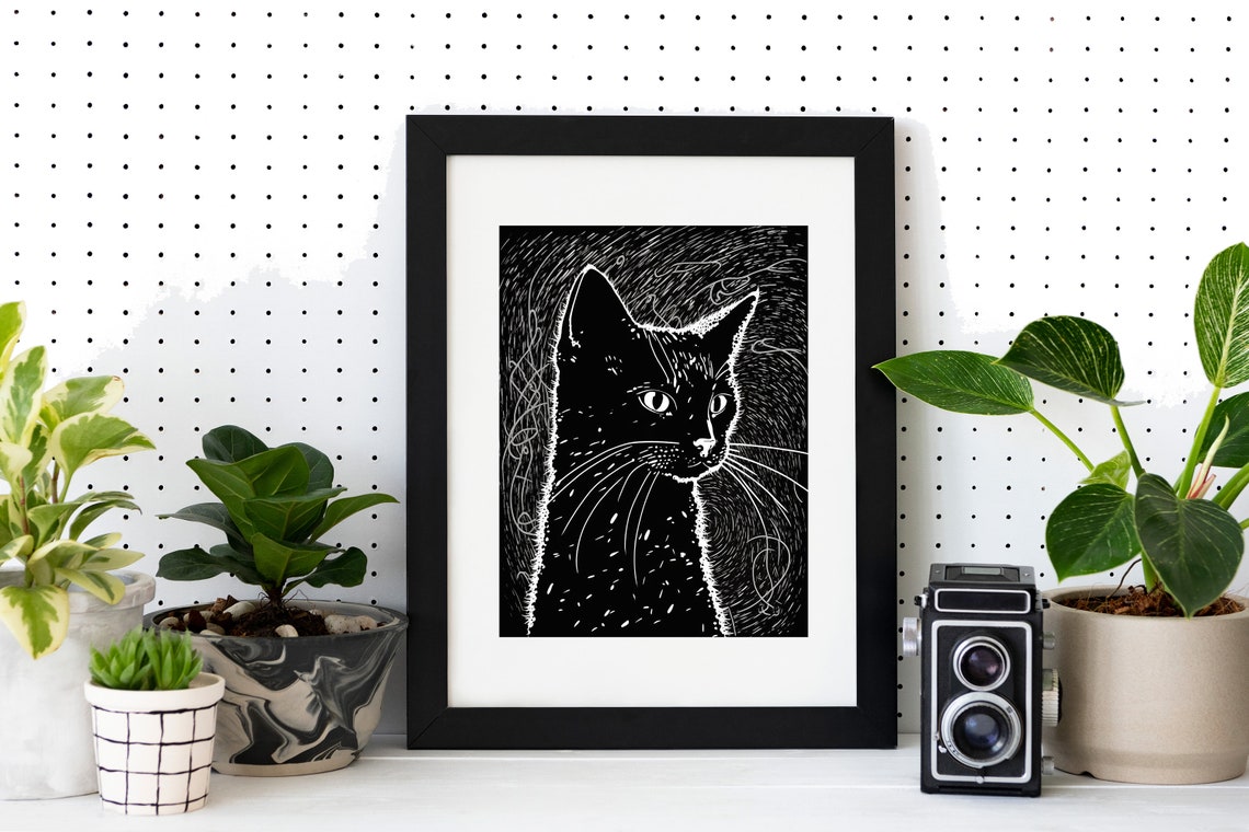 Black Cat Head White on Black Scratchboard Minimalist Pet Poster - Image 5