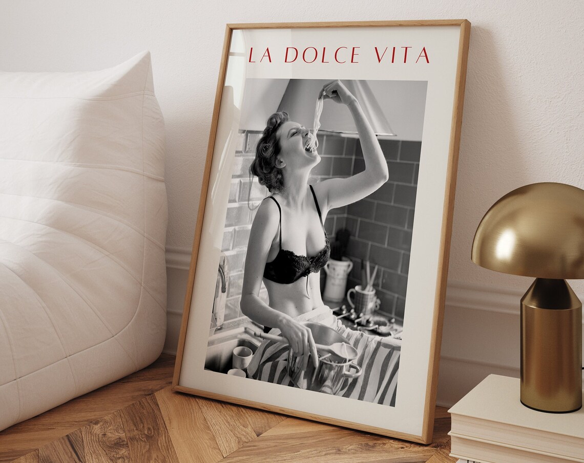 La Dolce Vita Woman Eating Pasta, Vintage Italian