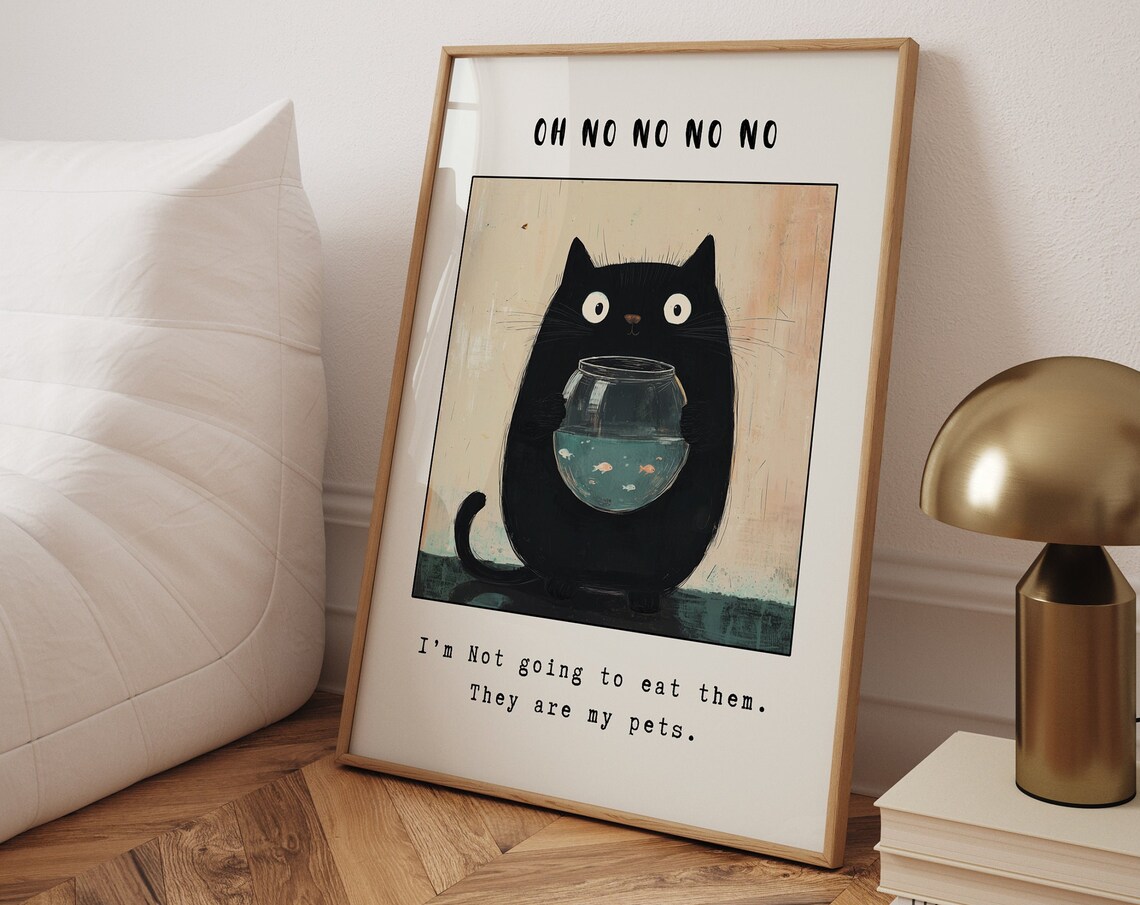 Funny Black Cat, Cute Cat Illustration Print