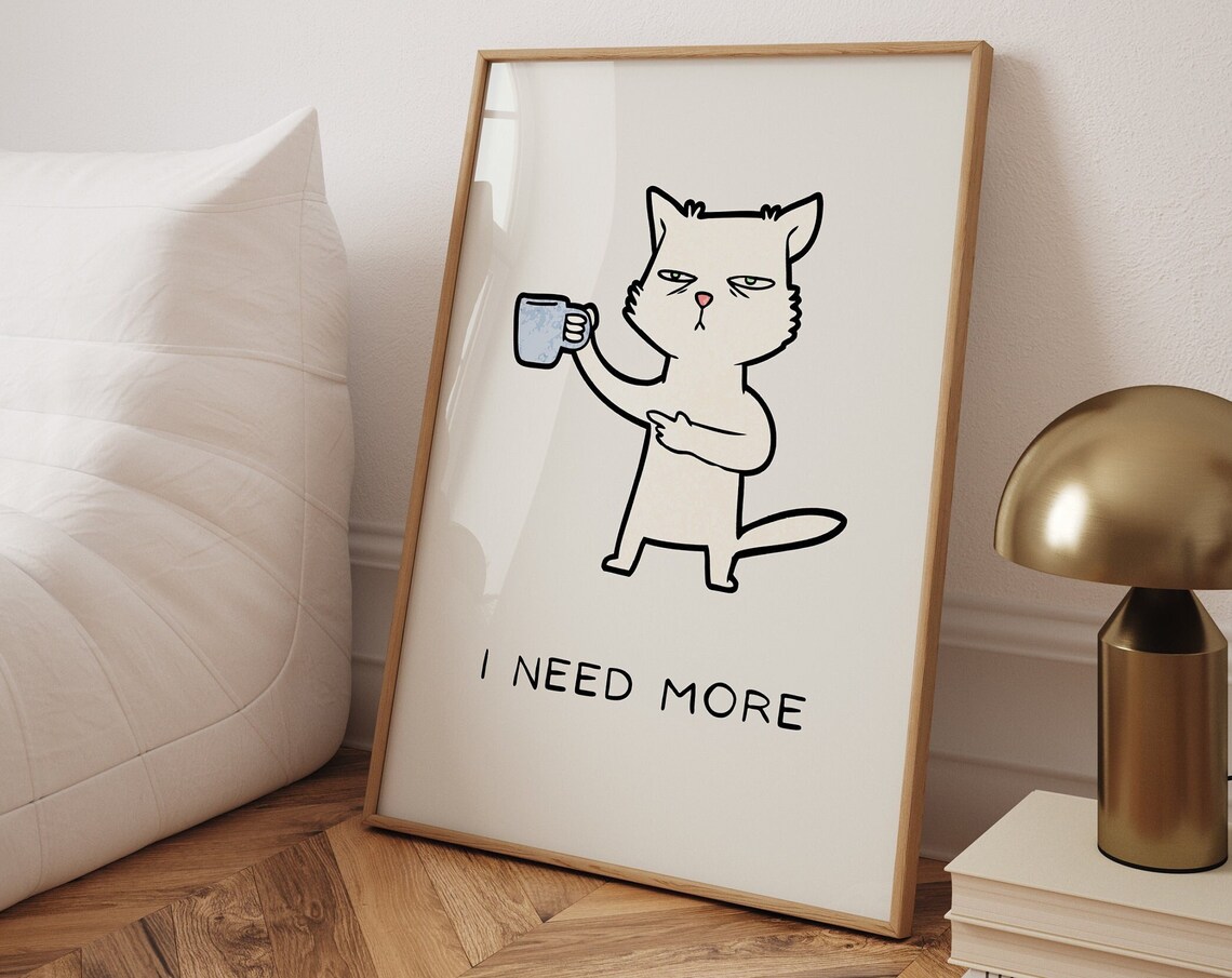 Funny Sleepy Cat Poster, Cute Cat Illustration