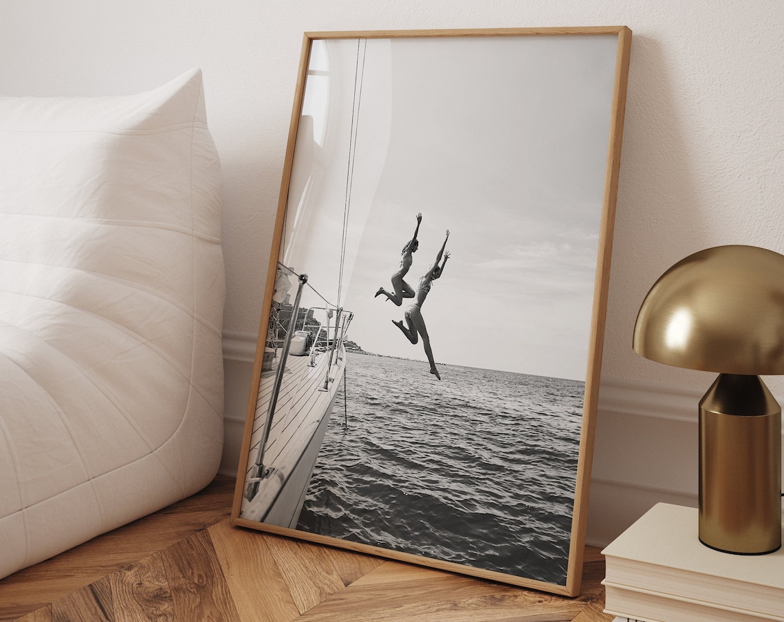 Friends Freedom Jump Sail Boat Yacht Vintage Art Print