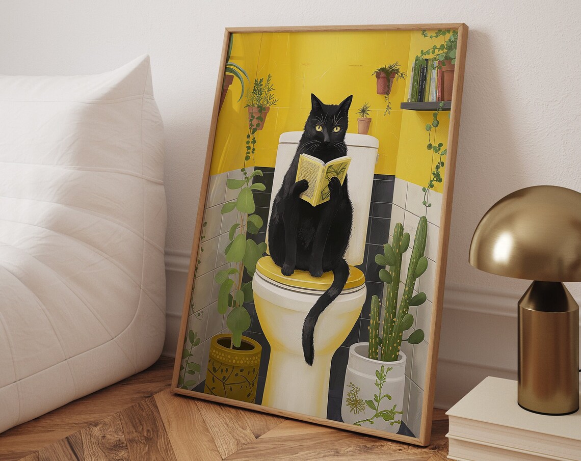 Funny Toilet Poster, Cute Black Cat Bathroom Gift