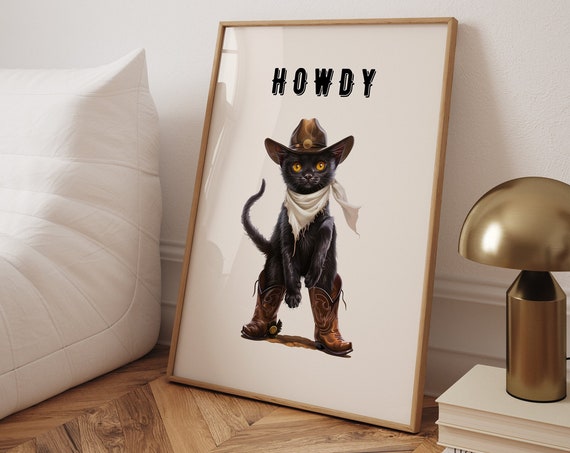 Howdy Funny Black Cat, Cowboy Cat Illustration