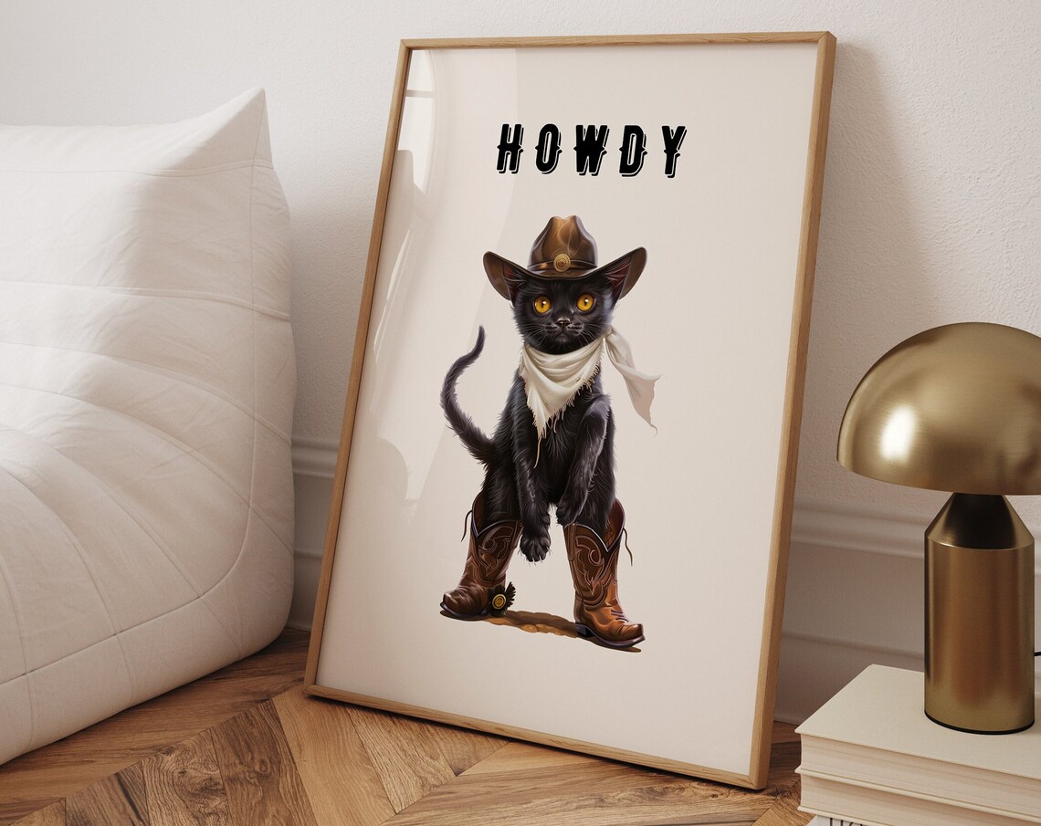 Howdy Funny Black Cat, Cowboy Cat Illustration