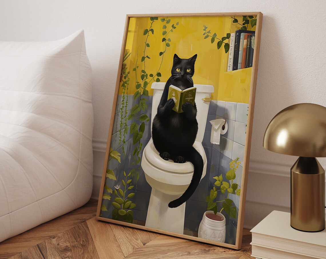 Funny Toilet Cat Poster, Bathroom Wall Art