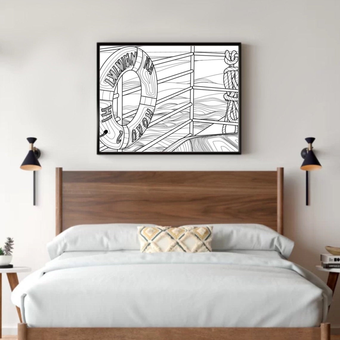 Lifebuoy Ship Railing Line Art Poster Black White Nautical Ocean Decor