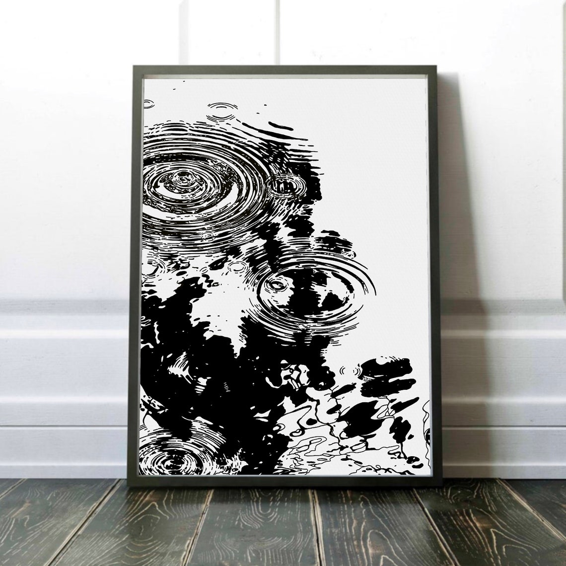 Water Rain Drop Print Black White Line Art Zen Pond Minimal