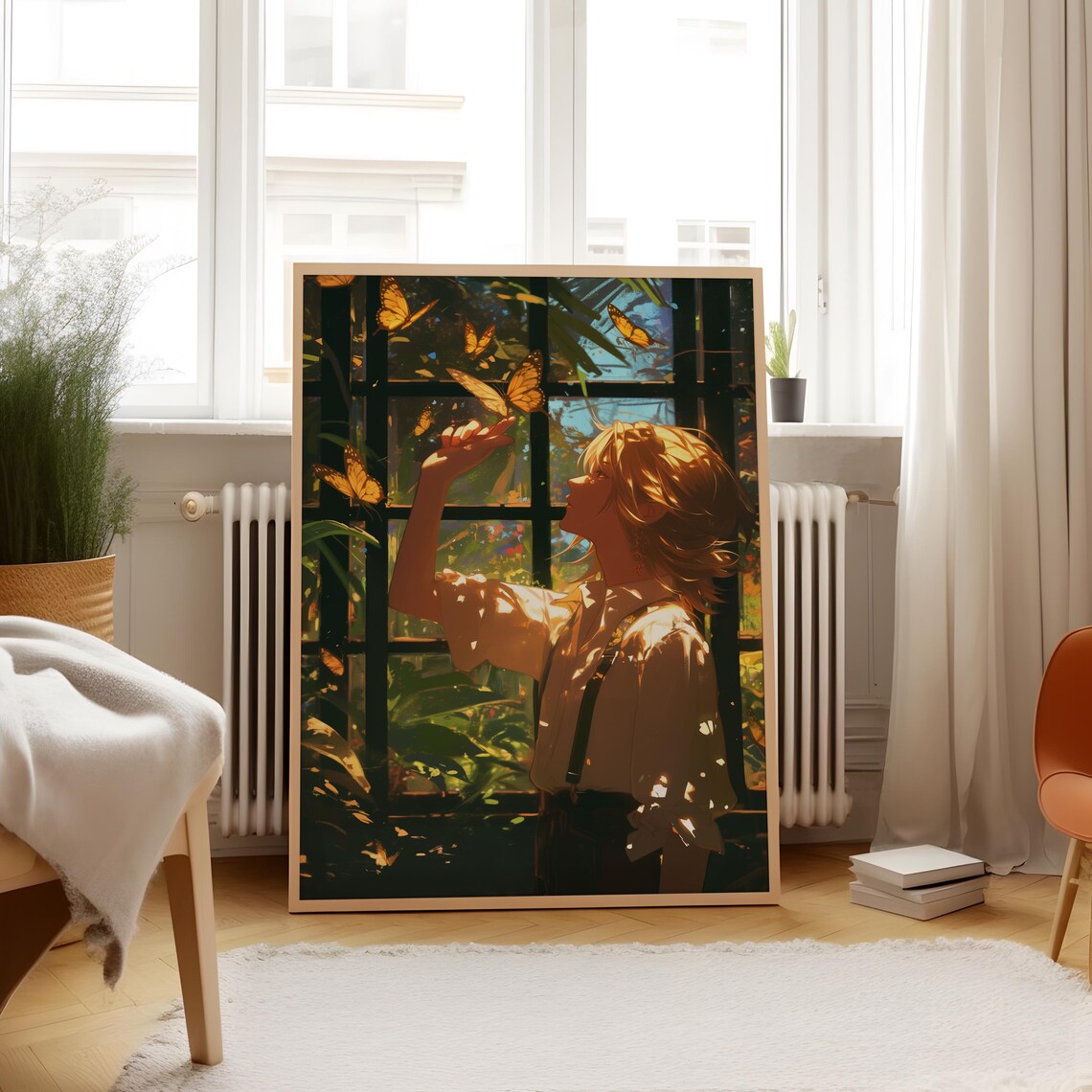 Anime Boy With Butterflies in Sunlit Garden Greenhouse Poster - Image 4