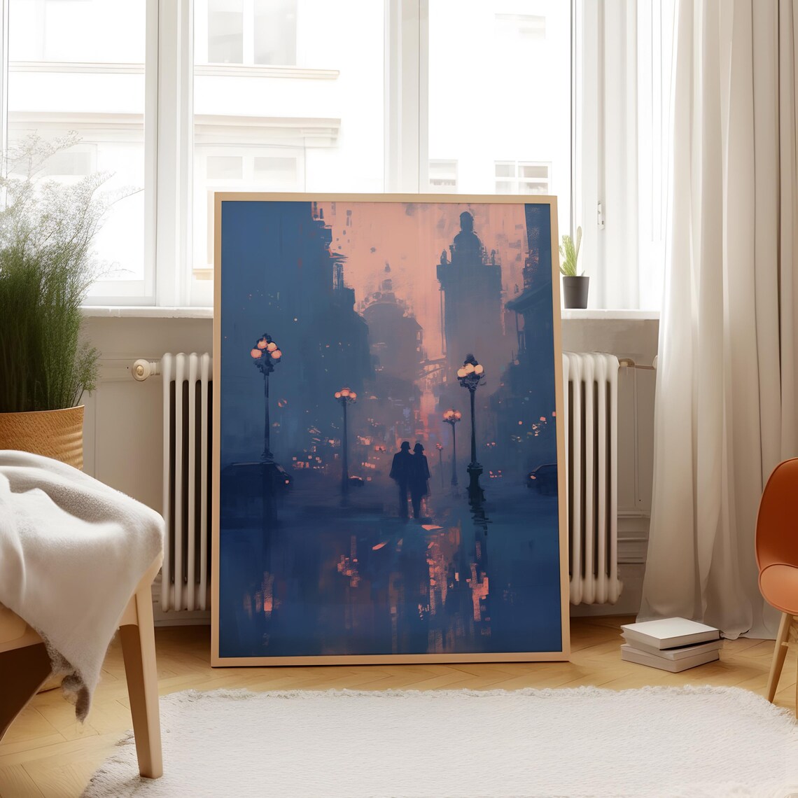 Romantic Couple Silhouette Foggy Blue Lamplit Night Street Poster - Image 4